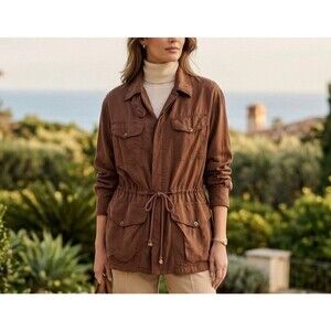 Vintage 90s Tweeds 100% Silk Safari Field Jacket Womens Brown Utility Cinch S